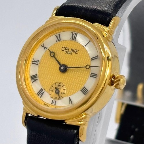 Celine Quartz Ladies Watch Shell Roman Dial Small Second Gold Tone 22mm Leather