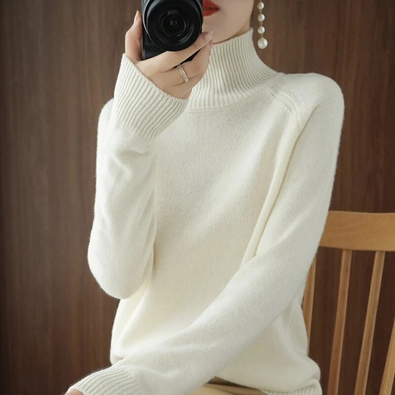 Women Autumn Winter Turtleneck Sweater Slim Solid Knitted Cashmere Pullover UK - Image 3 of 4