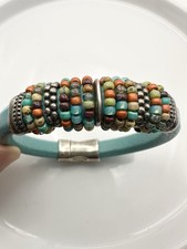 Beaded Leather Magnetic Bracelet Silver Tone