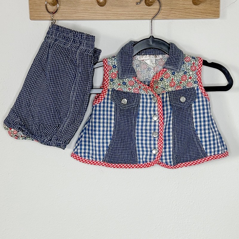 Vintage Baby Beluga Patchwork Vest Bloomer Set 6-9M Red White Blue Gingham Flora