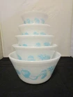 Vintage Federal Milk Glass Turquoise "Fruit Fare" Mixing Bowls COMPLETE Set of 5