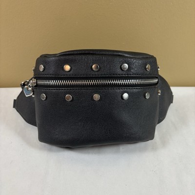Black Vegan Leather Pleather Studded Fanny Pack Biker Belt Bag Chain Strap EUC