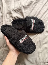 Balenciaga Shearling Fur Slide Slippers Black Men's Size 10 Comfort Designer
