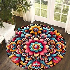  Vibrant Floral Mandala Round Floor Mat-Boho Chic Non-Slip Machine Washable 100 