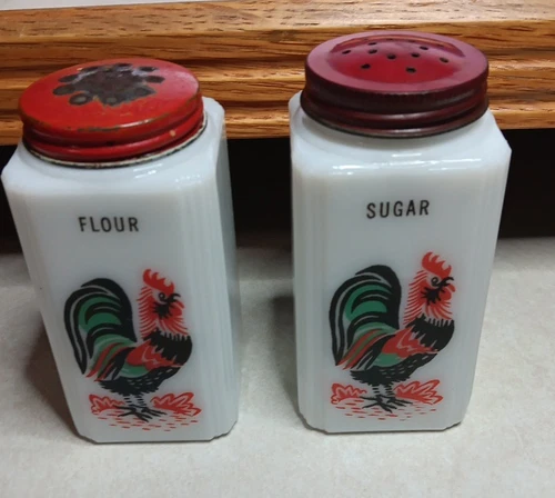Vintage Milk Glass Tipp City Rooster Flour/Sugar set. 1930’s