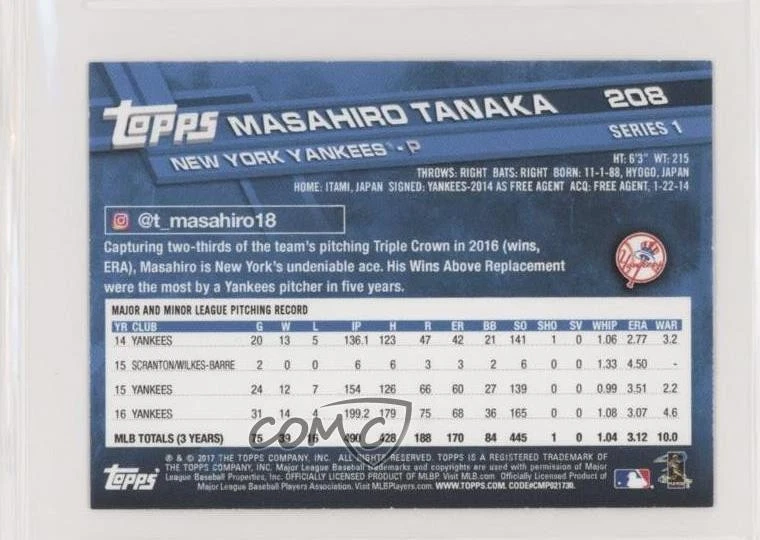 2017 Topps Mini Orange /25 Masahiro Tanaka #208 - Image 2 of 2