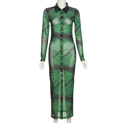Women Charming Mesh See Through Print Button Long Sleeve Bodycon Long Dress  #B | eBay