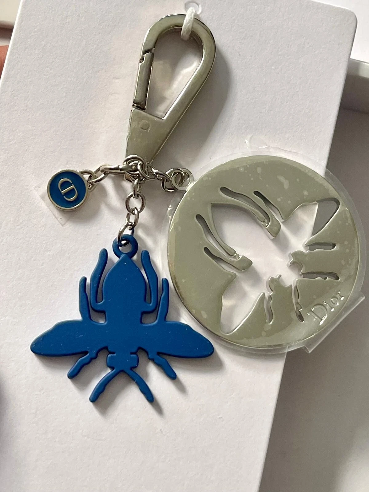 Vintage Blue Bee Dior perfume keychain Keyring Bag Charm Silver tone Unisex