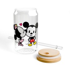 Disney Mickey and Minnie Sipper Glass w/ Bamboo Lid  Straw, Mickey Mouse Glass