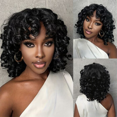 Synthetic Heat Resistant Curly Bob Wig with Bangs Adjustable Cap Daily Party nevermindyrhead Dark Brown Short Curly Bob Wig with Fringe  main image 3