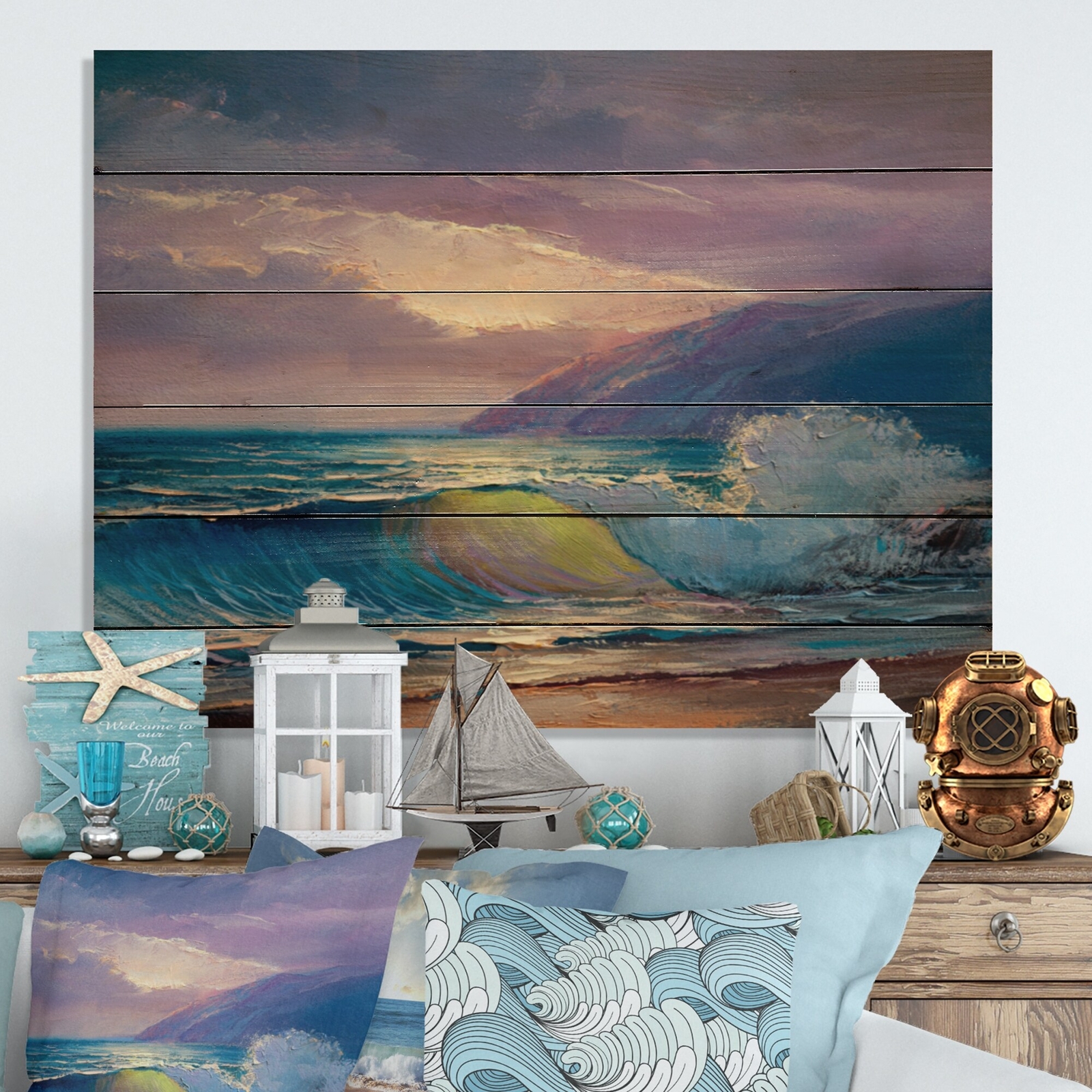 Designart 'Beautiful Blue Ocean Sunset And Waves V' Nautical & Coastal Wood