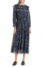 ISABEL MARANT Etoile Navy Blue Boho Floral Print Cotton Midi Dress 10 US = 42 M