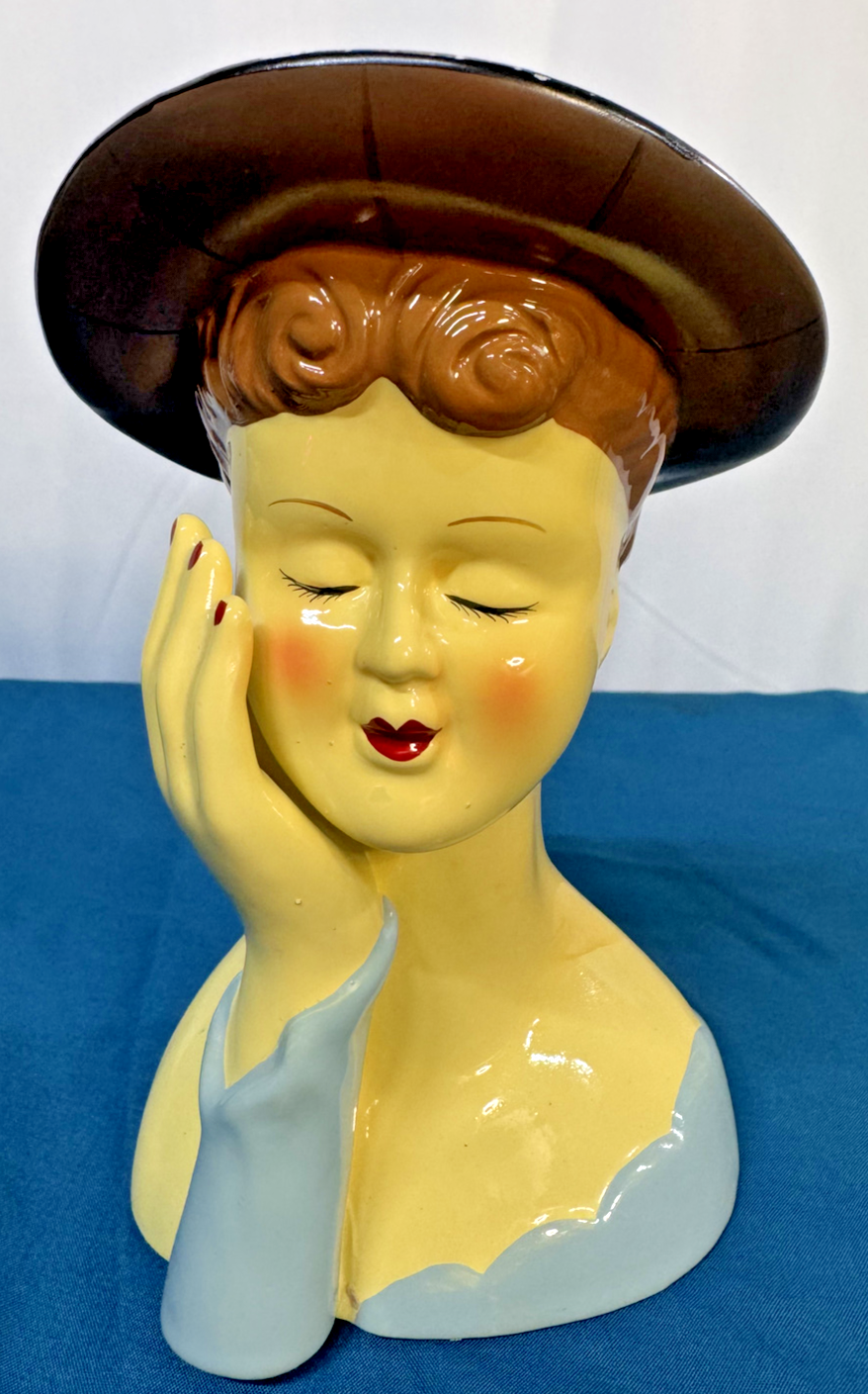 PONY Vaso testa di donna vintage 6 5" alzata a mano cappello marrone e coda di cavallo #25