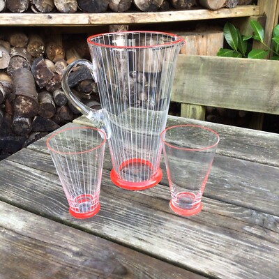 Alter Vintage Retro Rot & Weiß Nadelstreifen Glas Krug Kanne 2 Tumbler Gläser Set