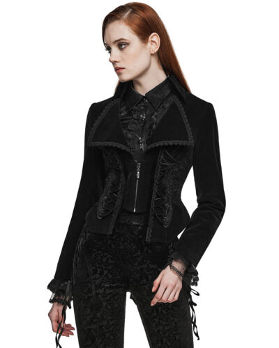 Punk Rave Womens Gothic Velvet & Lace Riding Jacket - Black - Picture 7 of 13