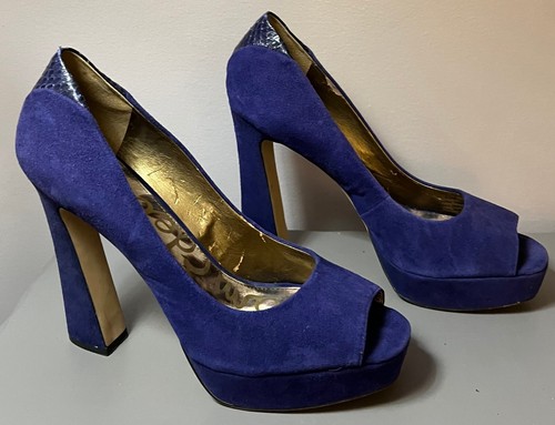 Sam Edelman Tacoma Women's Royal Blue Suede Peep Toe Platform Heel Pump Sz 9 1/2 - Picture 2 of 10