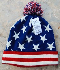 WHITE RED BLUE USA AMERICAN STARS STRIPES KNIT POM BEANIE WINTER HAT NEW/TAG