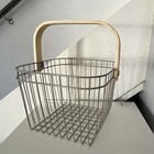 Metal Wire Storage Basket Wood Handle Rectangular Gray/Beige 10x10x8 — photo 1