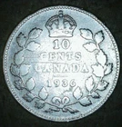 1936 Canadian 80% Silver 10 Cents King George V Circulated Canada Dime