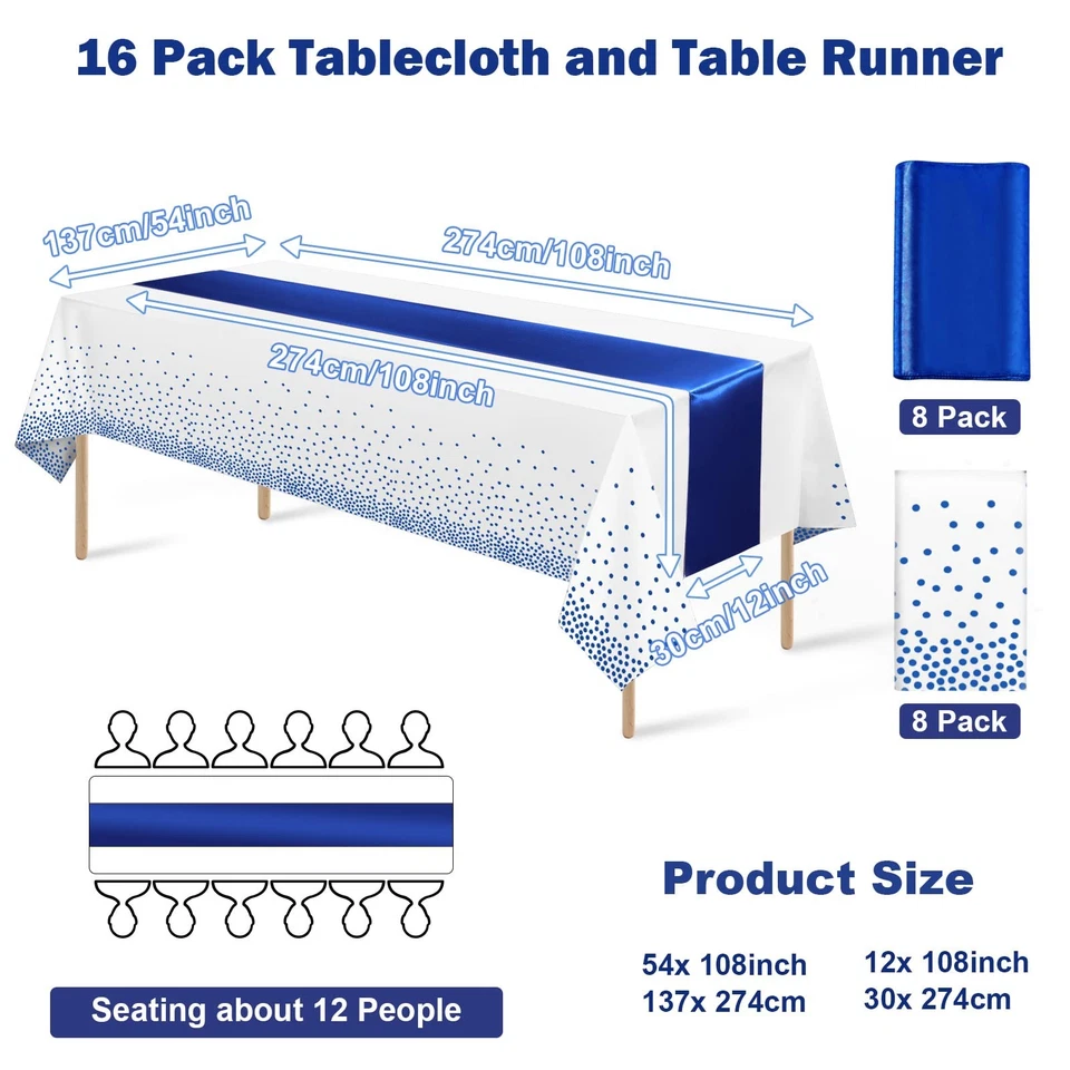 16Pack Disposable Plastic Tablecloths and Satin Table Runner Set White and Bl... - Image 2 of 4