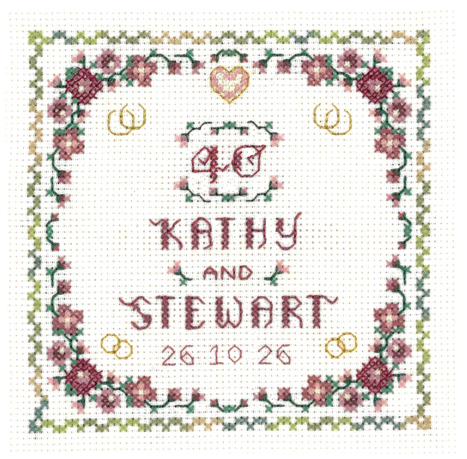 Ruby Wedding Anniversary with heart charm - Cross Stitch Kit on 14 aida