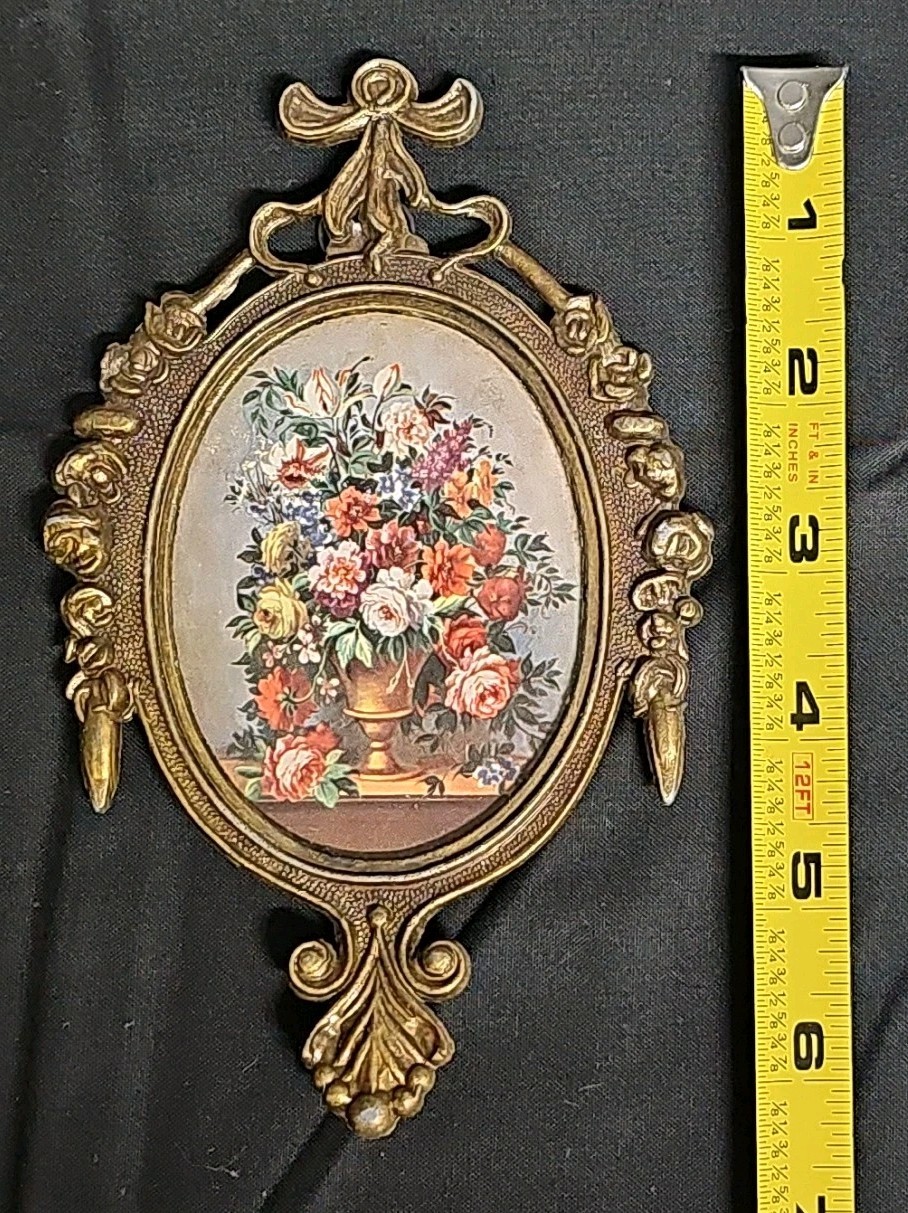 Vintage Miniature Art Print Decorative Metal Frame Italy 60s Flower Vase Brass 