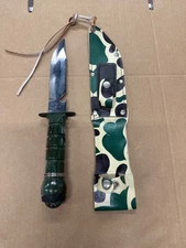 Survival Knife 1980’s Stainless 420 Serrated Blade Hunting Fishing Camo Sheath