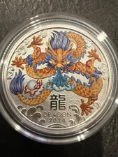 2024 The Perth Mint 1/4oz .9999 Silver Lunar Dragon Colorized Coin W/Capsule