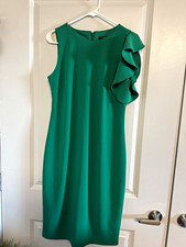 Tahari Arthur S. Levine Women's Green Solid Sheath Dress Ruffle Zip Size 10