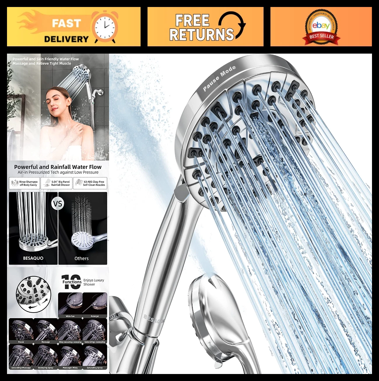 High Pressure Handheld Shower Head, 10 Functions, Pause Mode, 6.5ft Hose, Leakpr