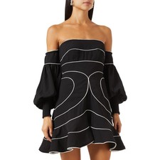 Never Fully Dressed NWT Black White Swirl Piping Off Shoulder Mini Dress US 6