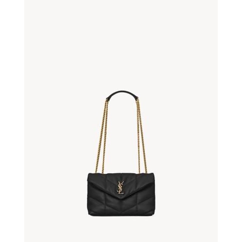 Saint Laurent Borsa Tampone Giocattolo in Raso Nero con Catena Oro Tracolla YSL