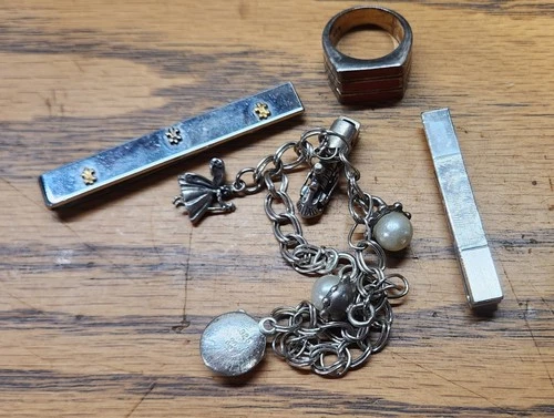 Sterling Silver Mixed Lot ring Charm Bracelet Tie Clip Vintage 925 42.5 Grams !!