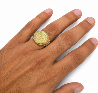 Real 10K Gold Aztec Calendar Signet Ring Hand Men's Jewelry