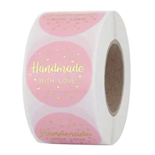 Yoption 1.5 Inch Round Handmade with Love Stickers Pink Handmade With Love a