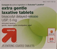 Laxative Bisacodyl 5 mg Generic Dulcolax 25 Tablets/Pk