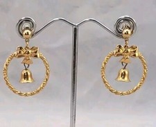 Holiday Wreath Hoop Detailed Bell Center Gold Tone Christmas Vintage Earrings