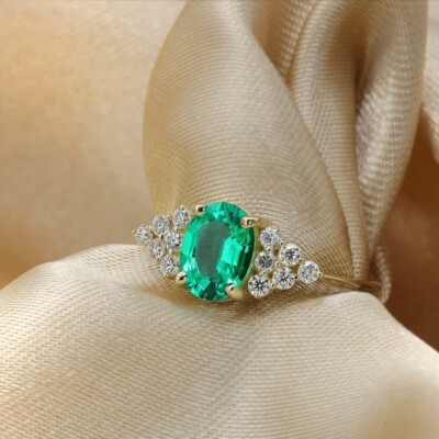 3Ct Oval Cut Lab Created Green Emerald Women Ring 14k Yellow Gold Plated Silver