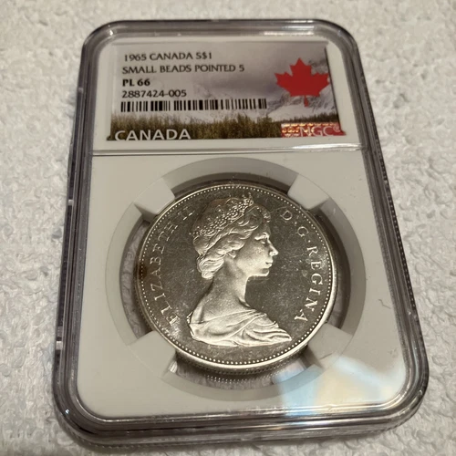 1965 Canada Silver Dollar $1 Small Beads Pointed 5 NGC PL 66 Canada label