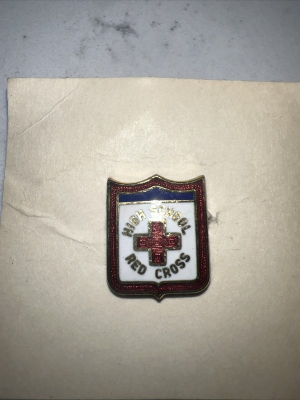 American Junior Red Cross Lapel Pin - Pinback Enamel Shield Silvertone VINTAGE