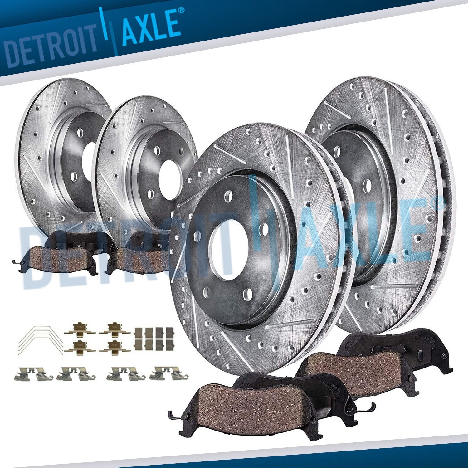 Front Rear Drilled & Slotted Disc Brake Rotors + Brake Pads for