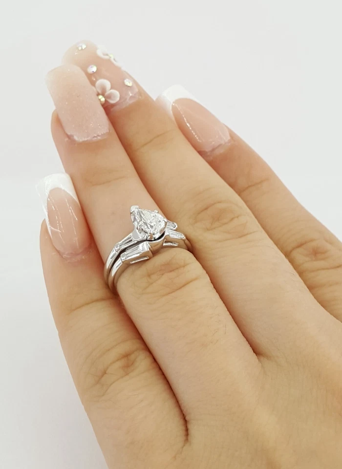 Vintage Pear Shaped Diamond Engagement Ring Wedding Band Set 14k W Gold 0.67 ct - Image 4 of 4