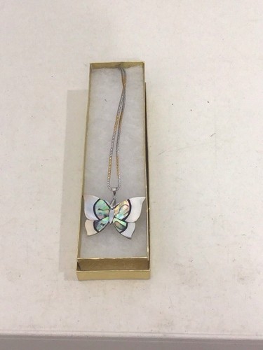 Abalone Butterfly Pendant Necklace 2-Tone Stainless Steel Chain Elegant Gift - Picture 3 of 3