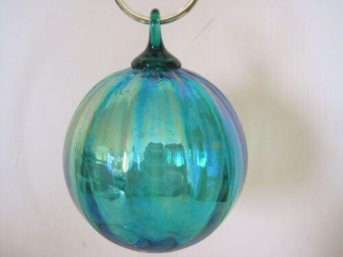 Iridescent Hand Blown Green Blue Ribbed Art Glass Christmas Ornament 3" Dia - Picture 1 of 6