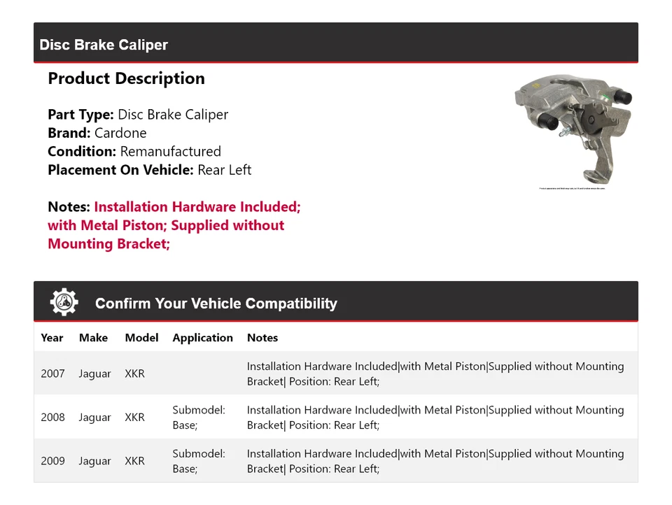 Pinza de freno de disco trasera izquierda Cardone 2008 para Jaguar XKR 2007-2009 Foto 2 de 4