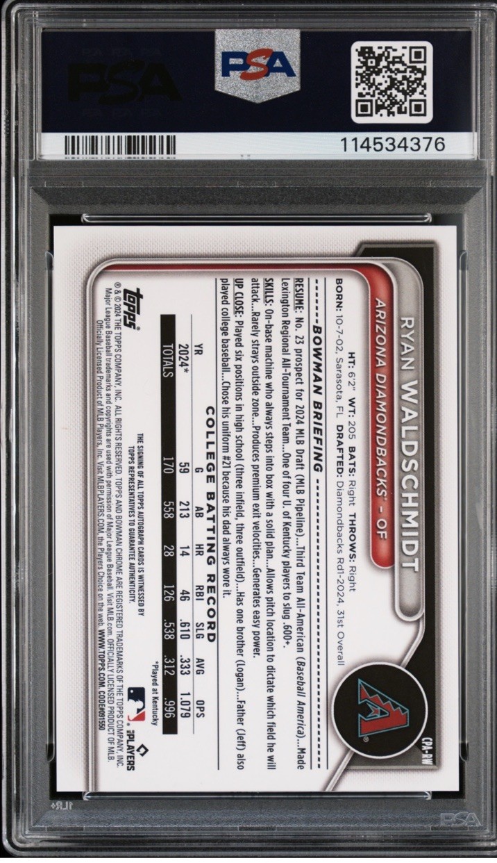 ‘24 Bowman Chrome Draft Sapphire RYAN WALDSCHMIDT Auto Prospect /99 PSA 9 And 10 view 2