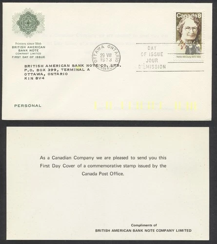 1973 #622 Nellie McClung FDC British American Bank Note Cachet Insert
