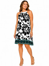 Signature London Style Dress Womens 12 White Black Floral Sleeveless NWT