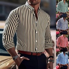 Ins Stripe Printed Long Sleeve Shirt Men Fashion Casual Lapel Button Top Clothin