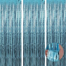 3 Pack 3.3 x 9.9 ft Light Blue Foil Fringe Backdrop Curtain Streamer Backdrop...